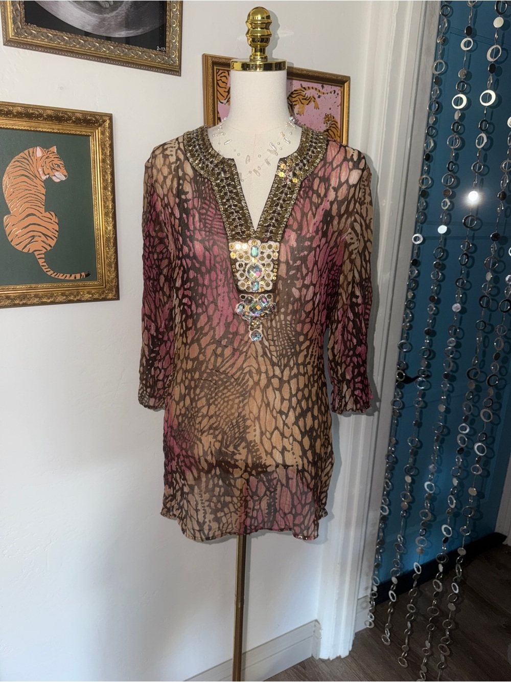 Vintage Y2K Silk Embellished Animal-Print Sheer Tunic - Pink Brown